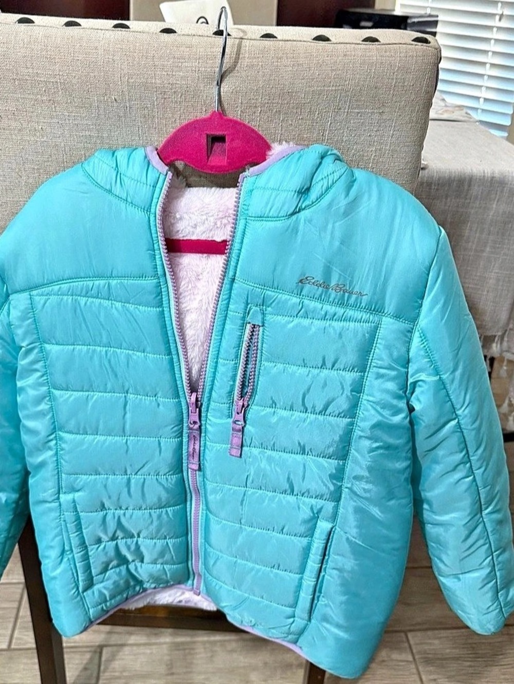 Eddie Bauer Kids Reversible Puffer Hooded Jacket Blue & White Girls Small